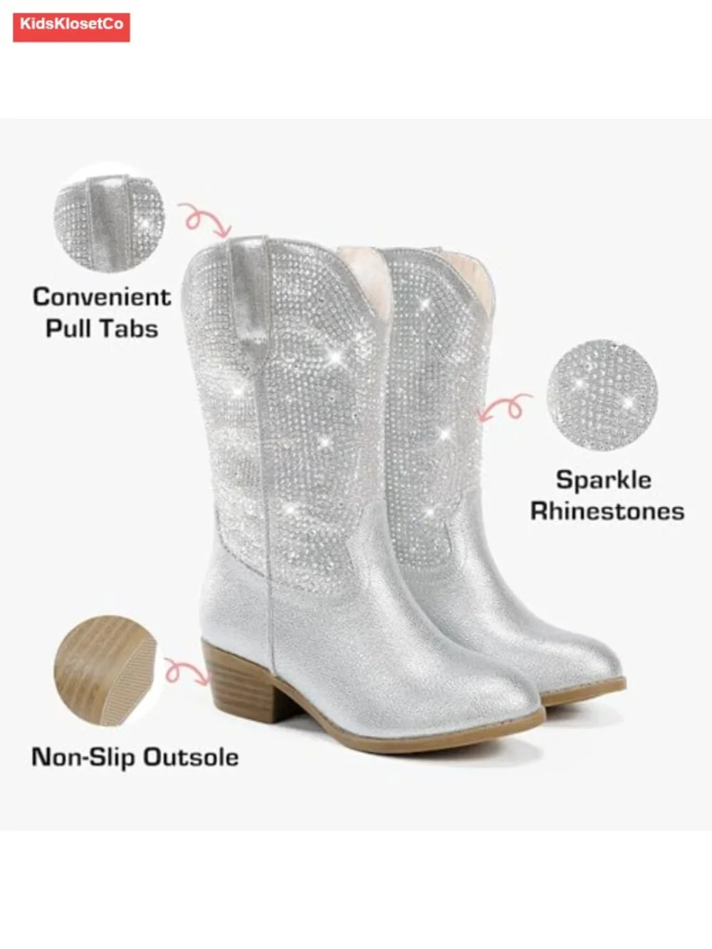 Girls Rhinestone Cowgirl Boots Pointed Toe Low Heel Mid Calf Zipper